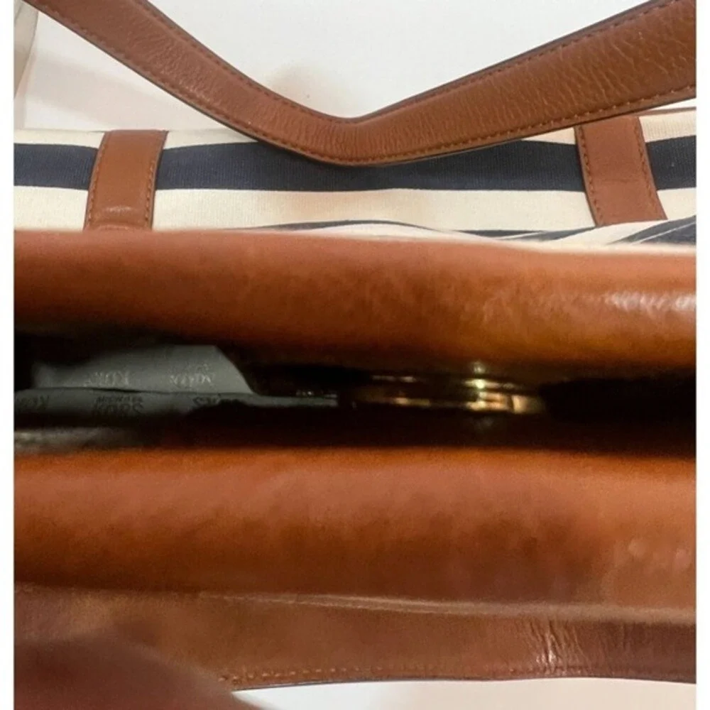 Michael Kors Shoulder Bag Tote Purse Striped Navy White Tan Leather Nautical - Picture 3 of 11
